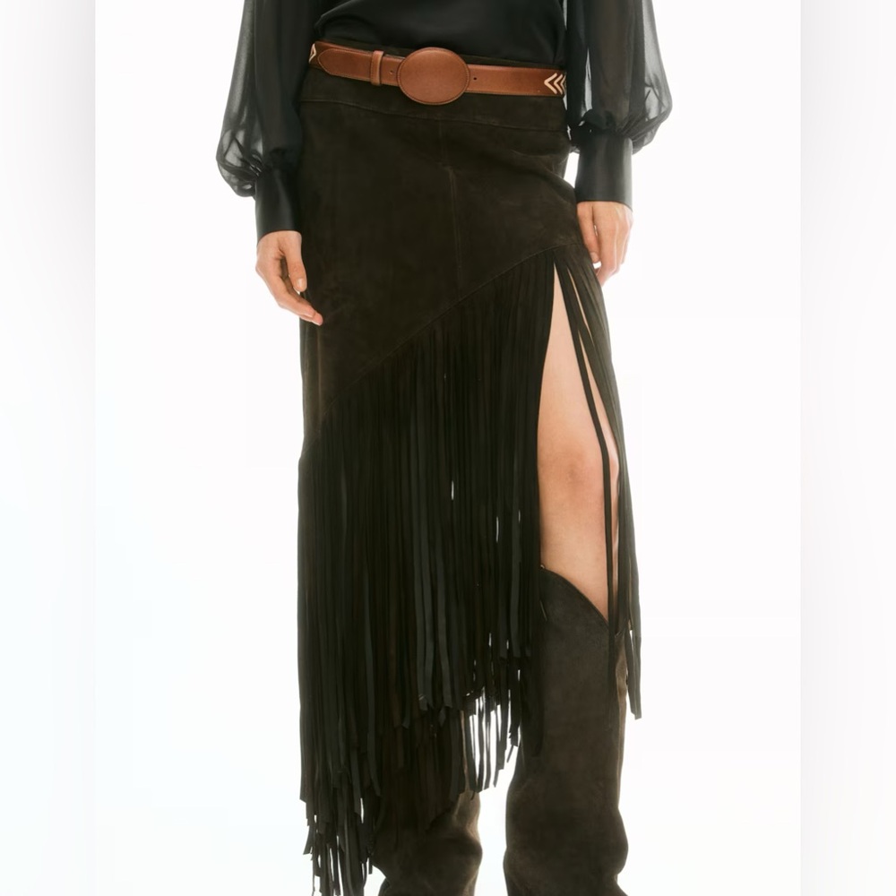 LORENA SARAVIA H&M FRINGED SUEDE SKIRT